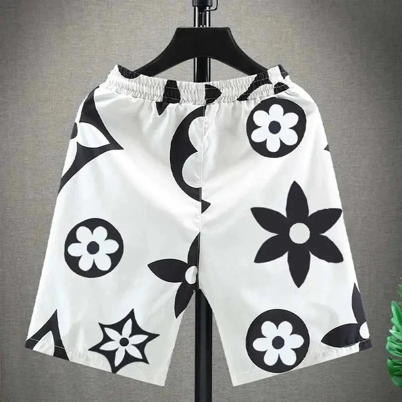 MENLL Beach Shorts For Men Blue Floral Pattern Drawstring by MENLL