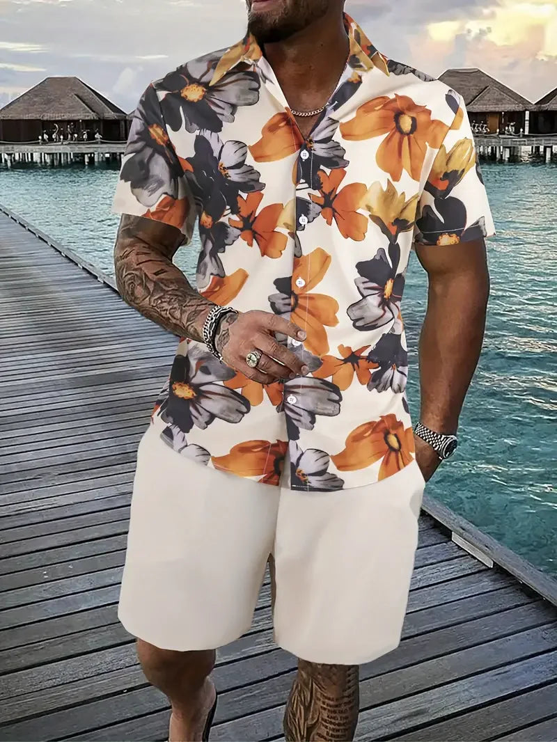 Men's floral streetwear two-piece beach set for spring and summer.