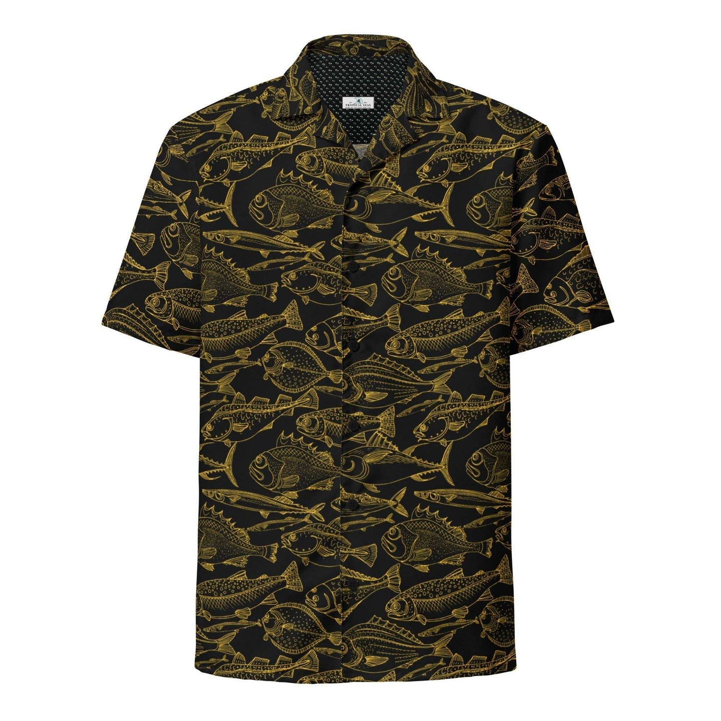 Sea of Gold Riches button down Hawaiian shirt with gold oceanic fish pattern on black background, made from sustainable recycled polyester