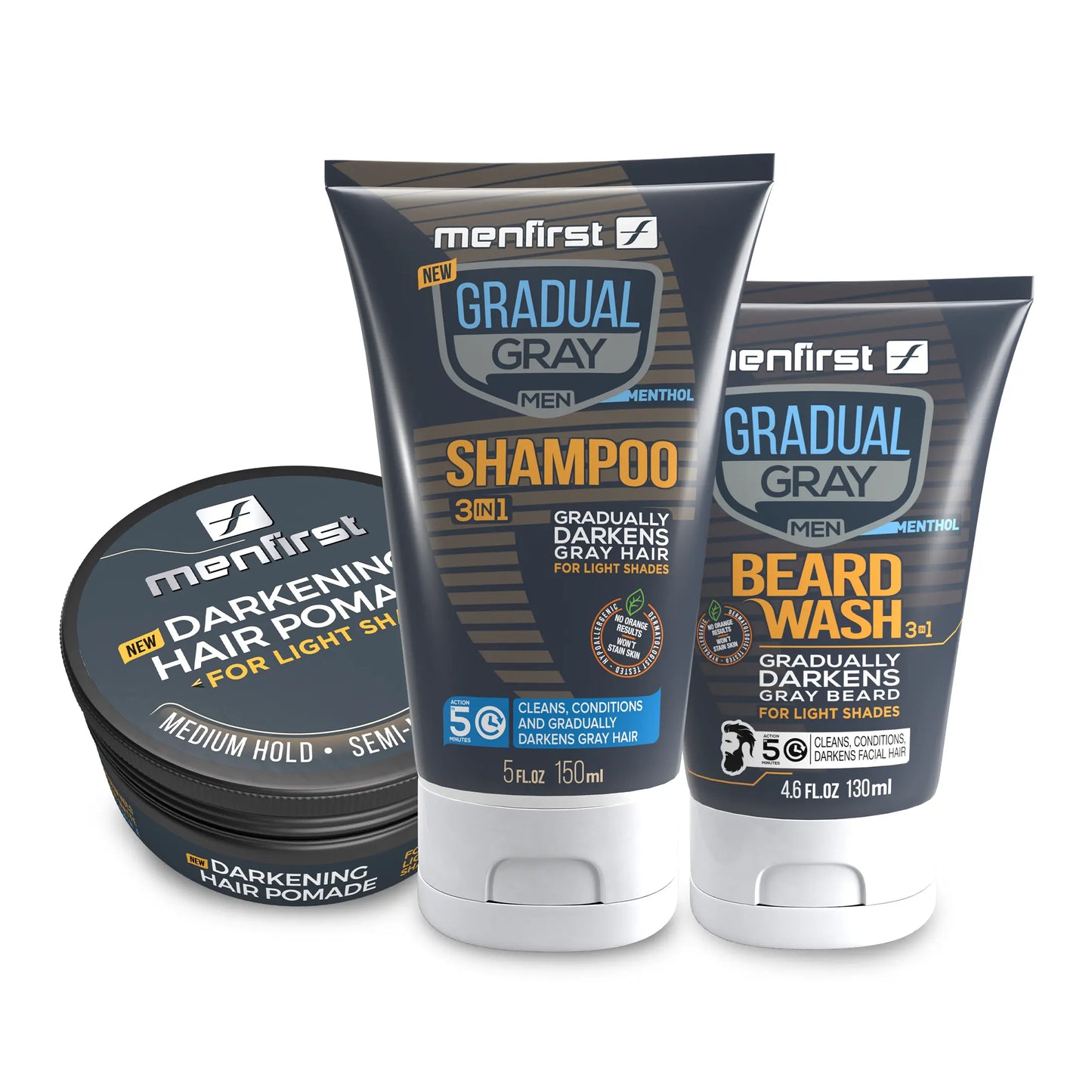Menfirst Gradual Gray - Good Bye Gray Hair- 3-in-1 Shampoo + Beard Wash & Darkening Pomade - 3 Pack Bundle Menfirst