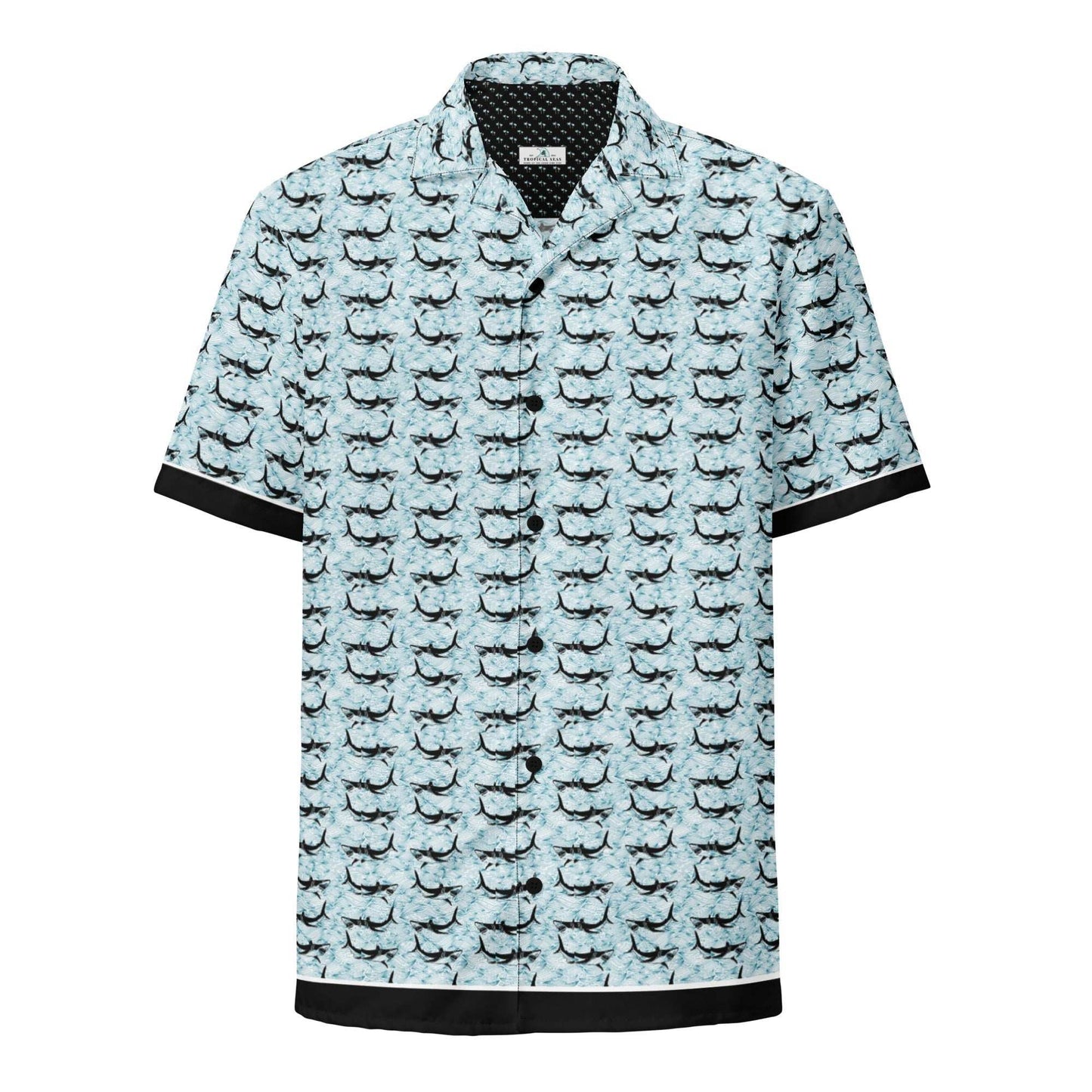 Light blue Shark Frenzy Button Down Hawaiian Shirt with black trim and repeating shark pattern, made from breathable eco-friendly fabric.