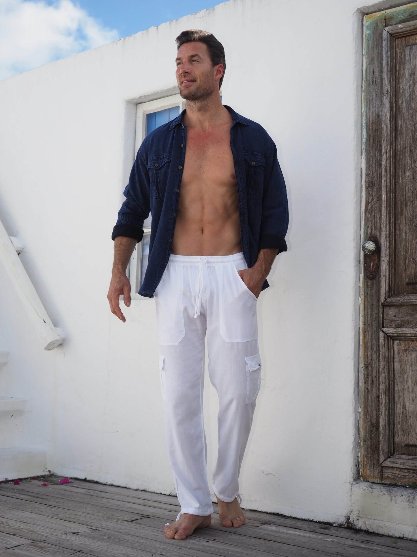 White ST. VINCENT PANTS made from Peruvian Pima Cotton with drawstrings.