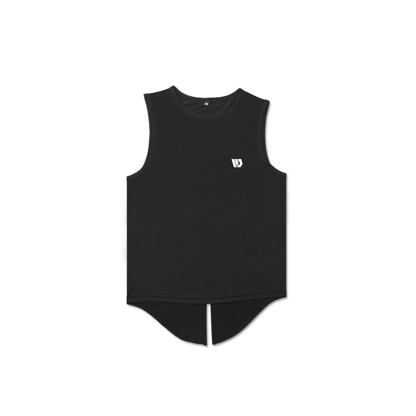 Women's black mesh vest with breathable back, dry-fit material, and flexible sports design.