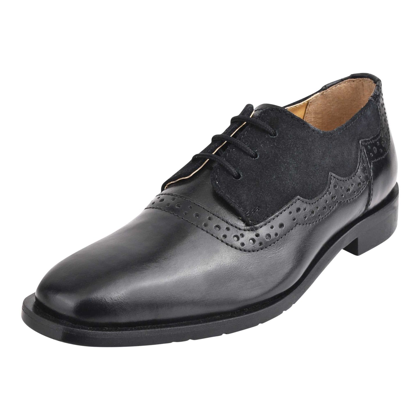 Amy Leather Suede Oxford Style Kids Dress Shoes with genuine leather and suede upper, lace up closure, rubber sole, and 1-inch heel.