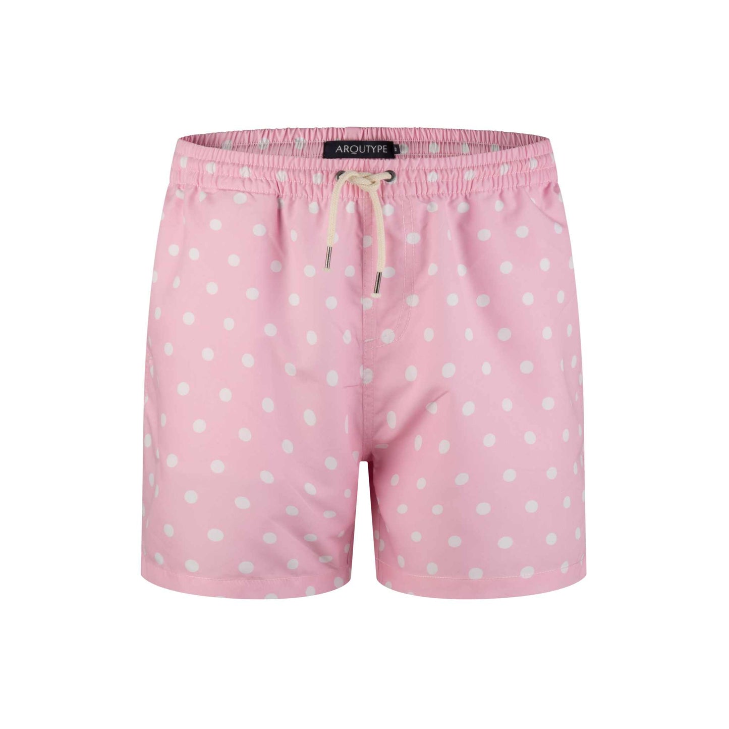 Pink polka dot Bora Bora swim shorts with elastic waistband and drawstring.