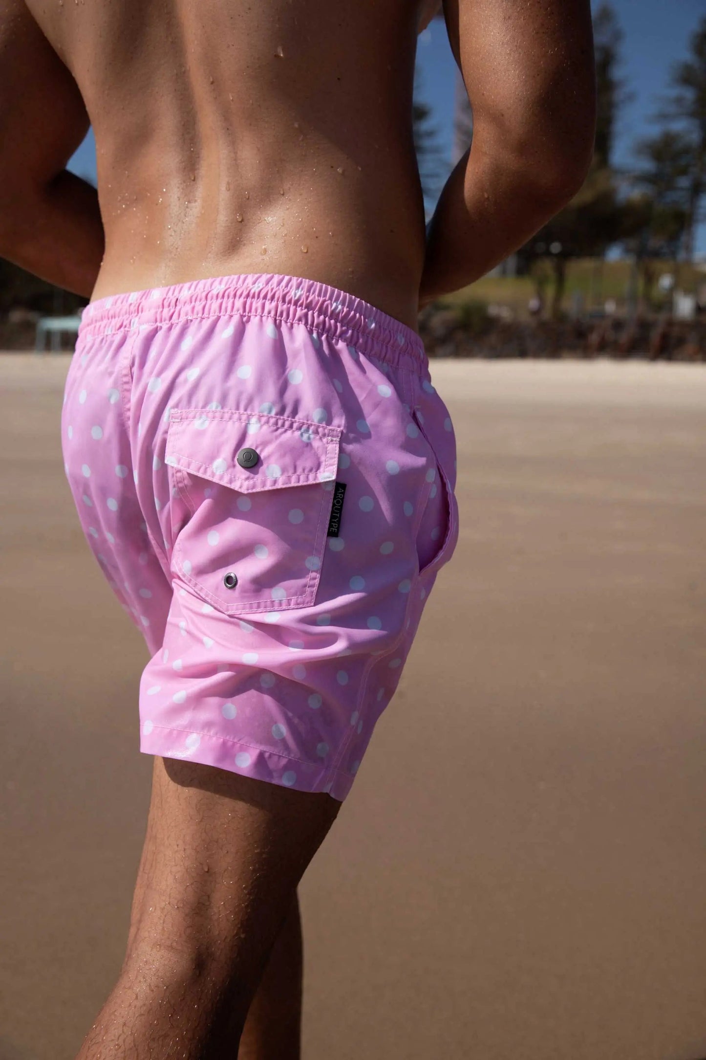 Arqutype Pink Polka Dot Swim Shorts Men's Bora Bora Beachwear - Quick Dry by Arqutype