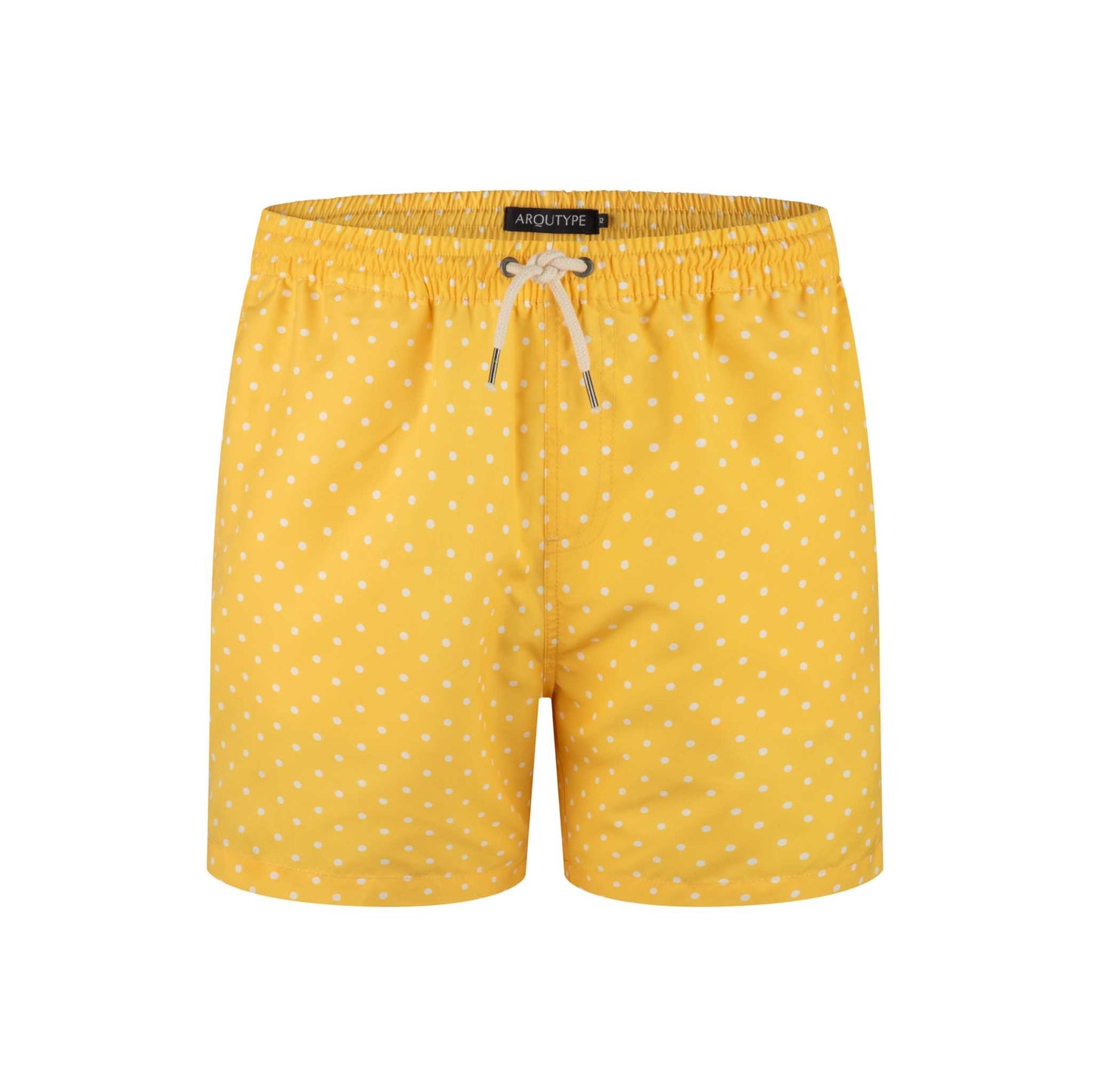 Yellow polka dot St Lucia swim shorts with elastic waistband and drawstring.