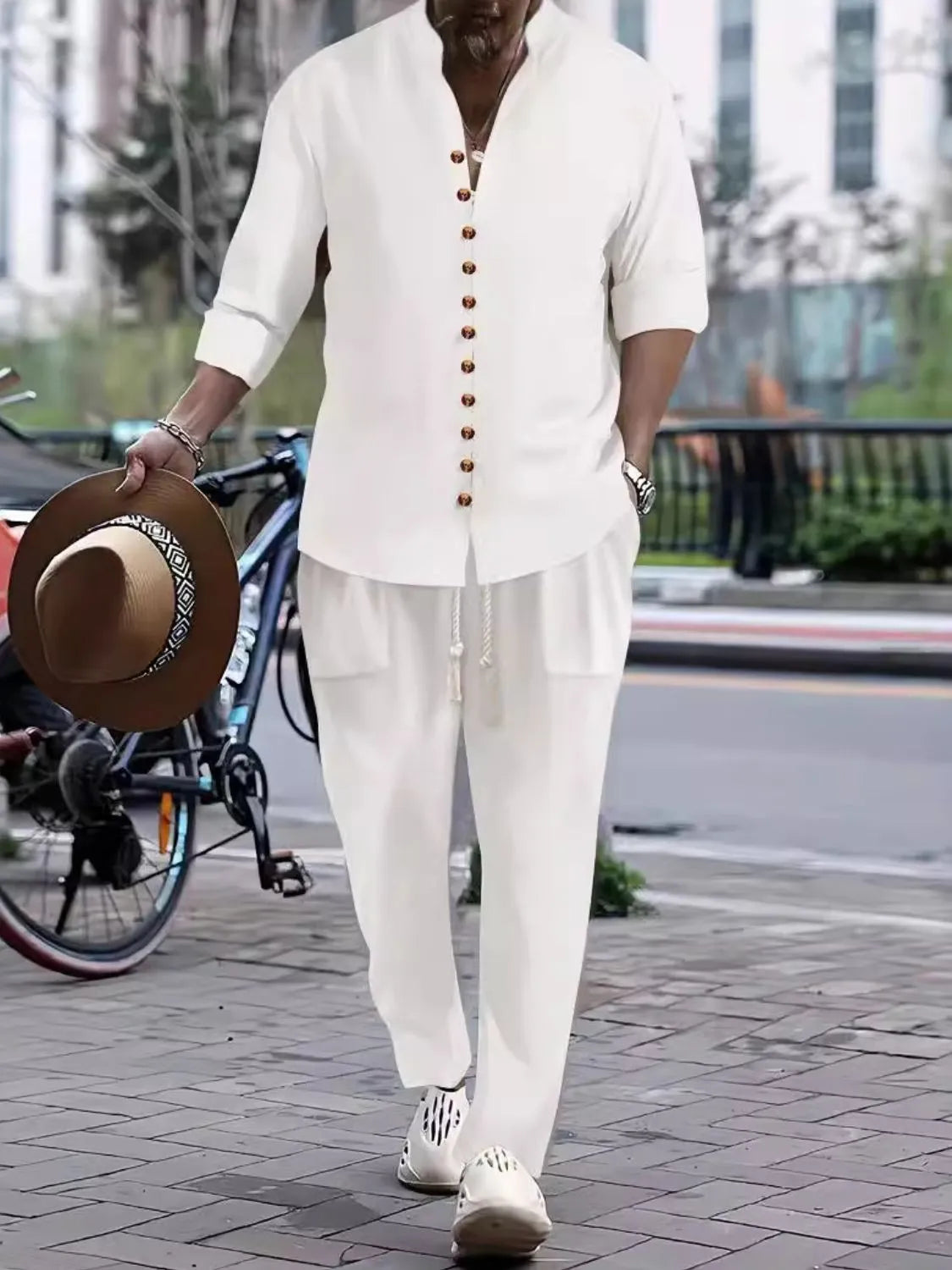 Men's button front long sleeve shirt and pants set, basic style, slightly stretchy fabric.