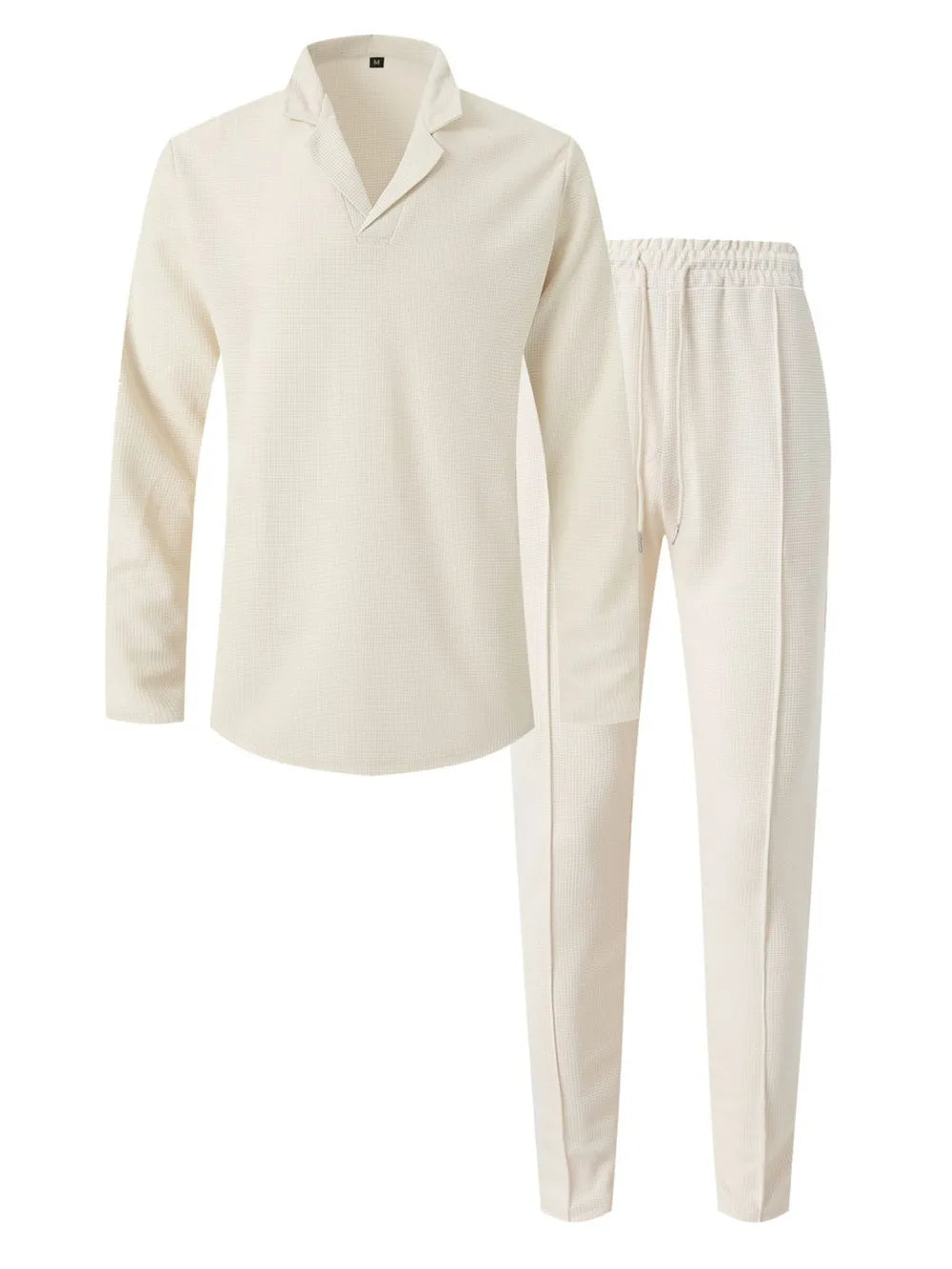 Men's full size waffle-knit long sleeve top and pants set in cream color.