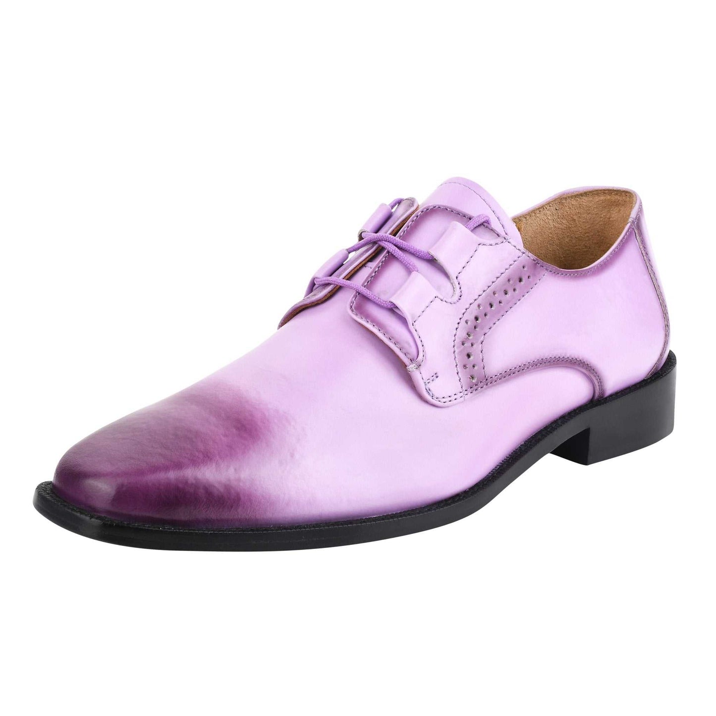 Men's genuine leather Oxford dress shoes in purple with burnished finish.
