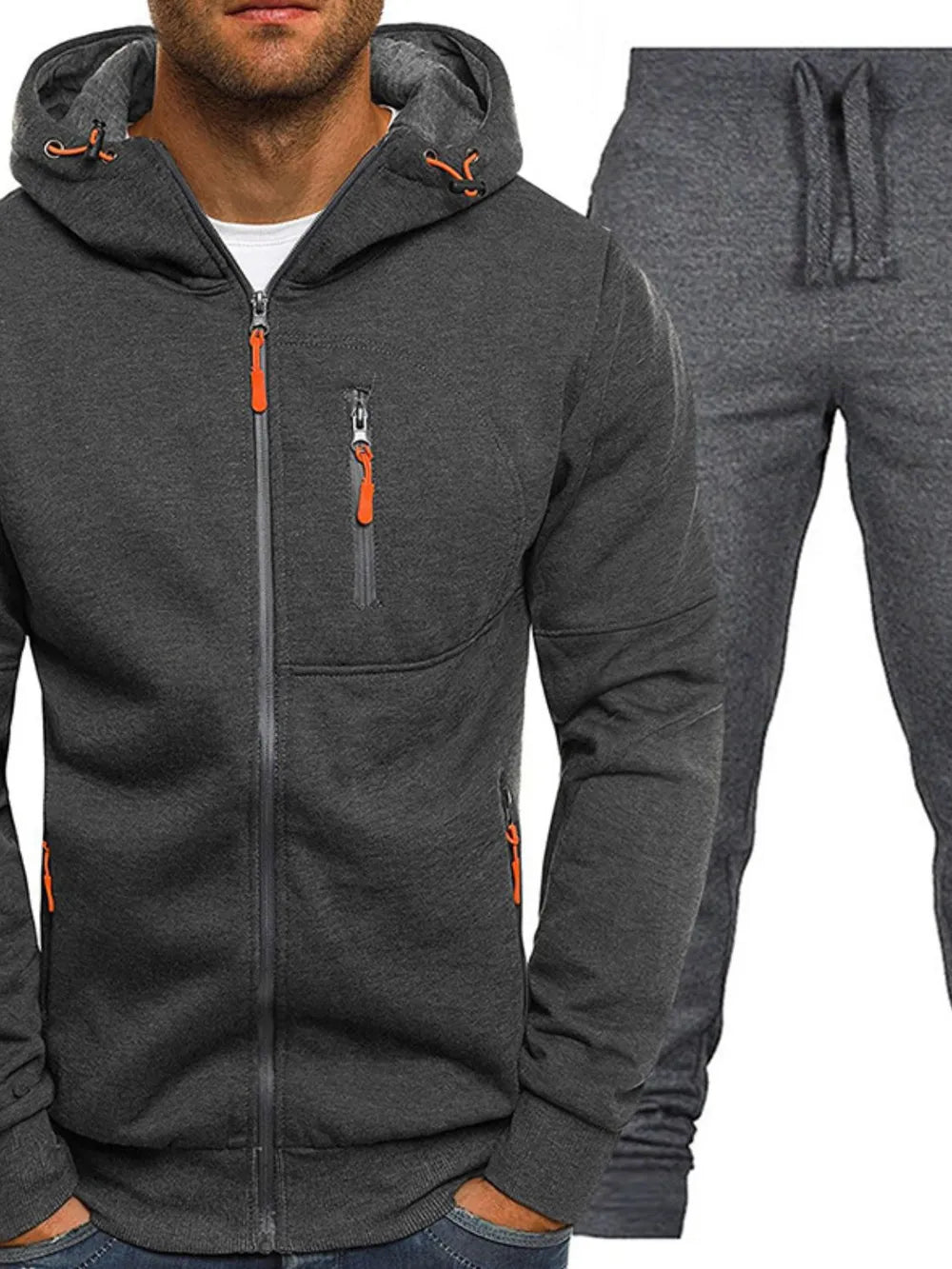 Men's plus size zip-up hooded top and pants set in dark color, slightly stretchy material, featuring orange zipper accents.