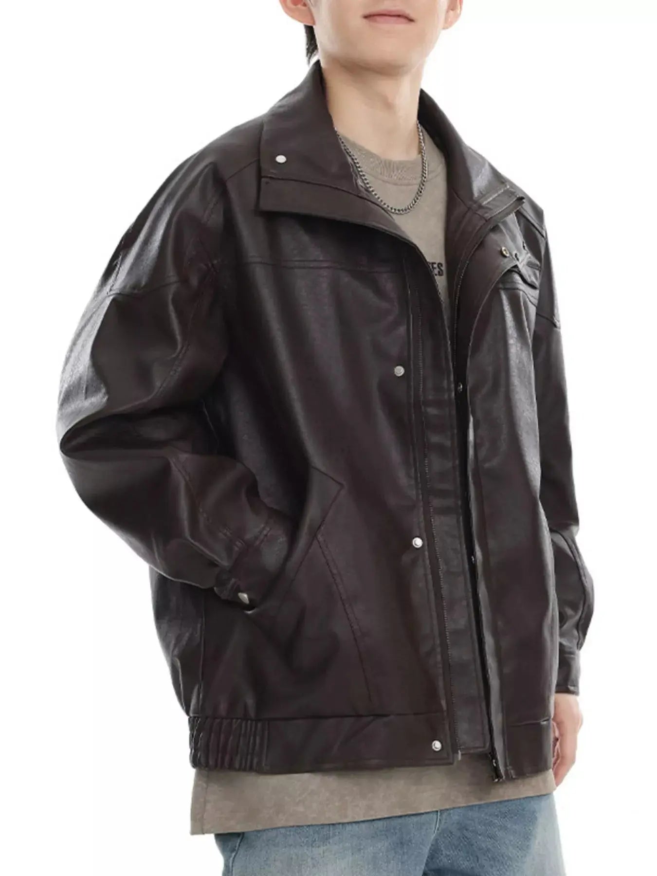 Trendsi Plus Size Leather Jacket Men's Stand Collar Outerwear Unyielding Style by Trendsi