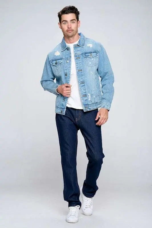 MENLL Distressed Denim Jacket Men's Casual Cotton Outerwear - 10oz Comfort by MENLL