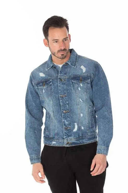 MENLL Distressed Denim Jacket Men's Casual Outerwear - Medium Wash, Stylish by MENLL