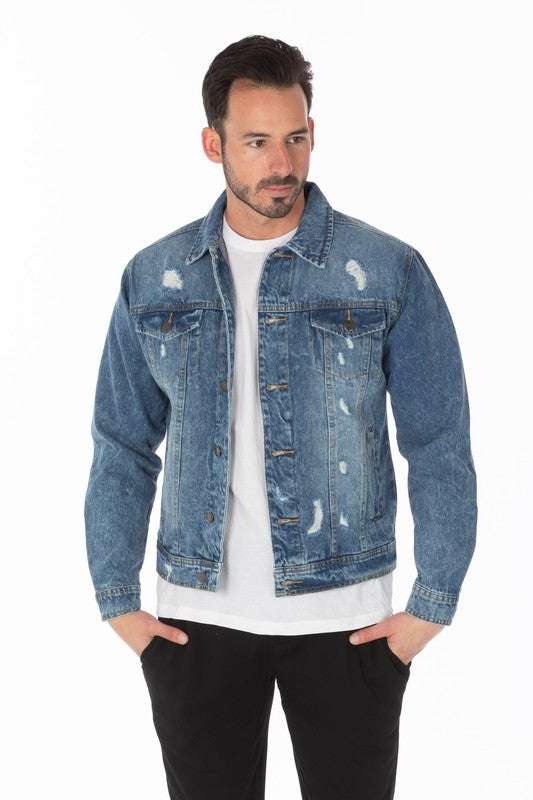 Men's distressed denim jacket, 100% cotton, medium washed.