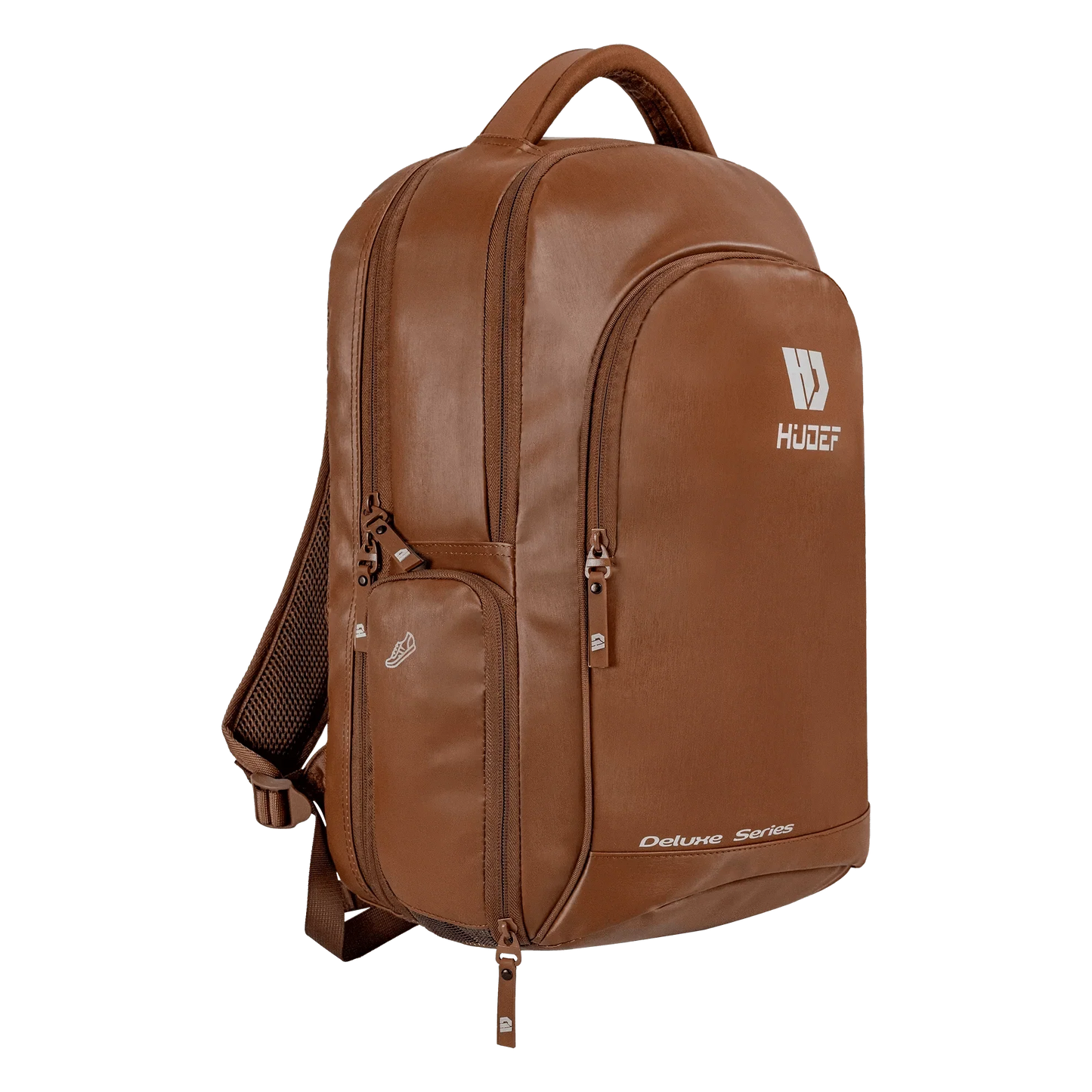Deluxe Series Pickleball Backpack in brown leather with multiple compartments and padded straps for comfort.