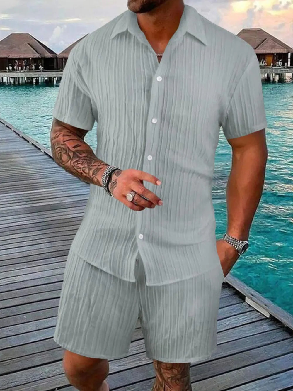 Men's full size button down short sleeve shirt and shorts set plus size, beach background