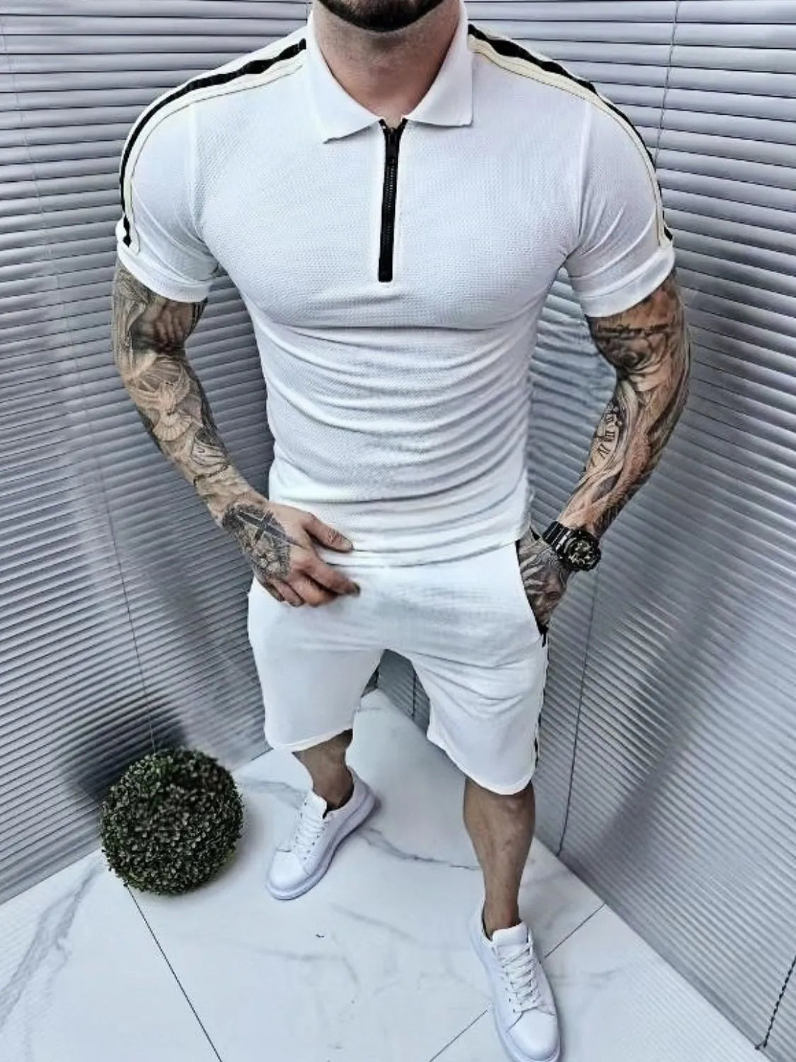 Men's collared neck short sleeve white top and shorts set, basic style, 100% polyester.