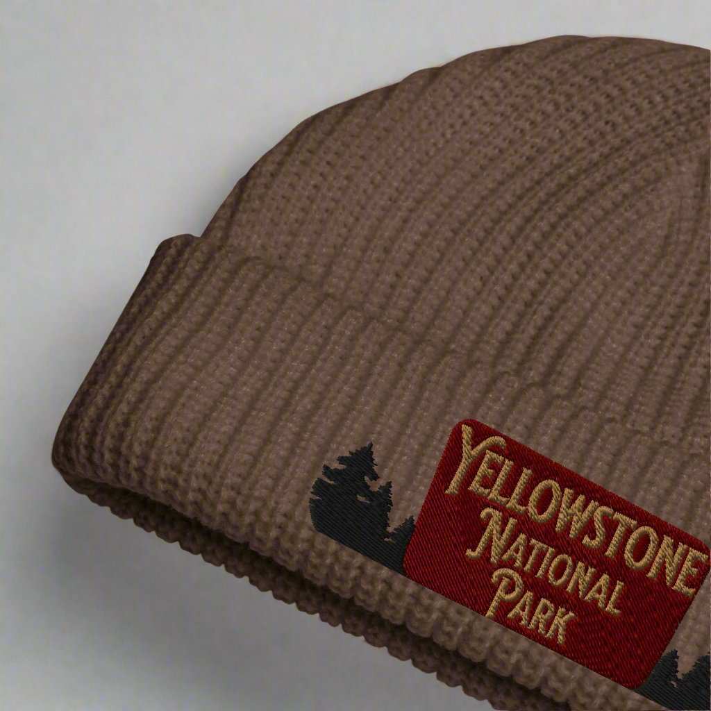 Yellowstone National Park Sign Embroidered Beanie Outdoorsy Fisherman Style - MENLL