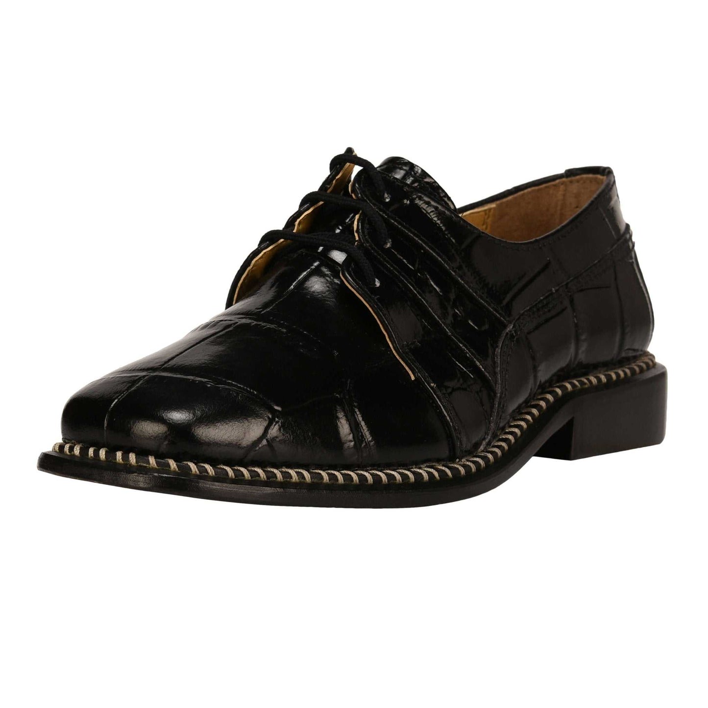 Fluky Leather Oxford Style Dress Shoes with square toe and lace-up closure, featuring high-quality genuine leather and rubber sole.