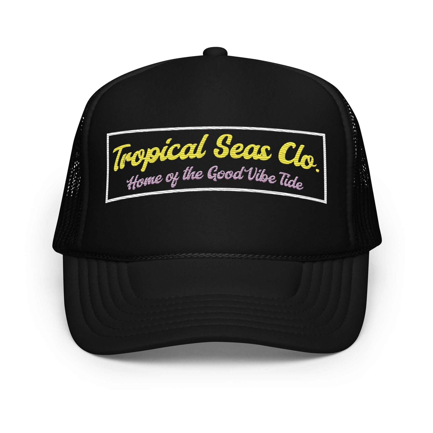 Black Foam Bubbly Beach Trucker Hat with yellow and pink Tropical Seas Clo. logo and mesh back