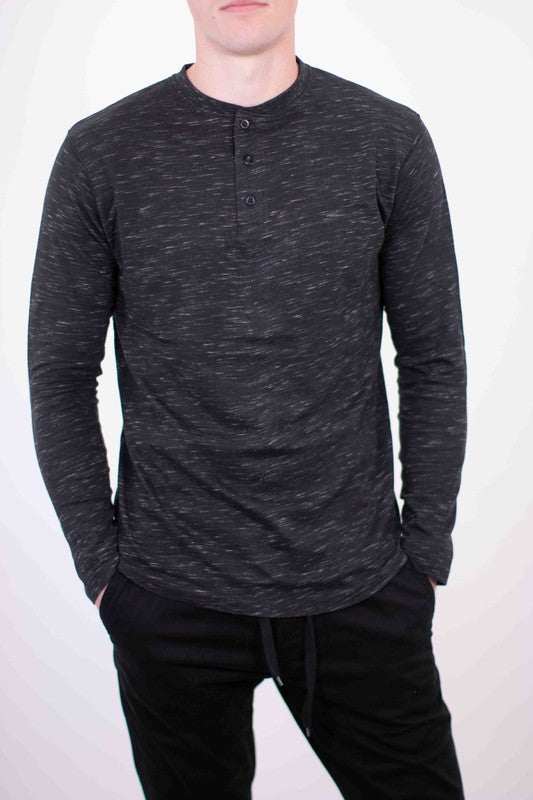 Men's long sleeve Henley T-shirt in dark color showcasing classic neckline and comfortable fit.