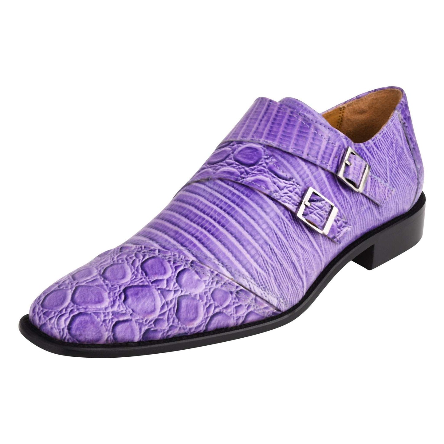 Genuine leather double monk strap shoes with crocodile lizard print and rubber sole.