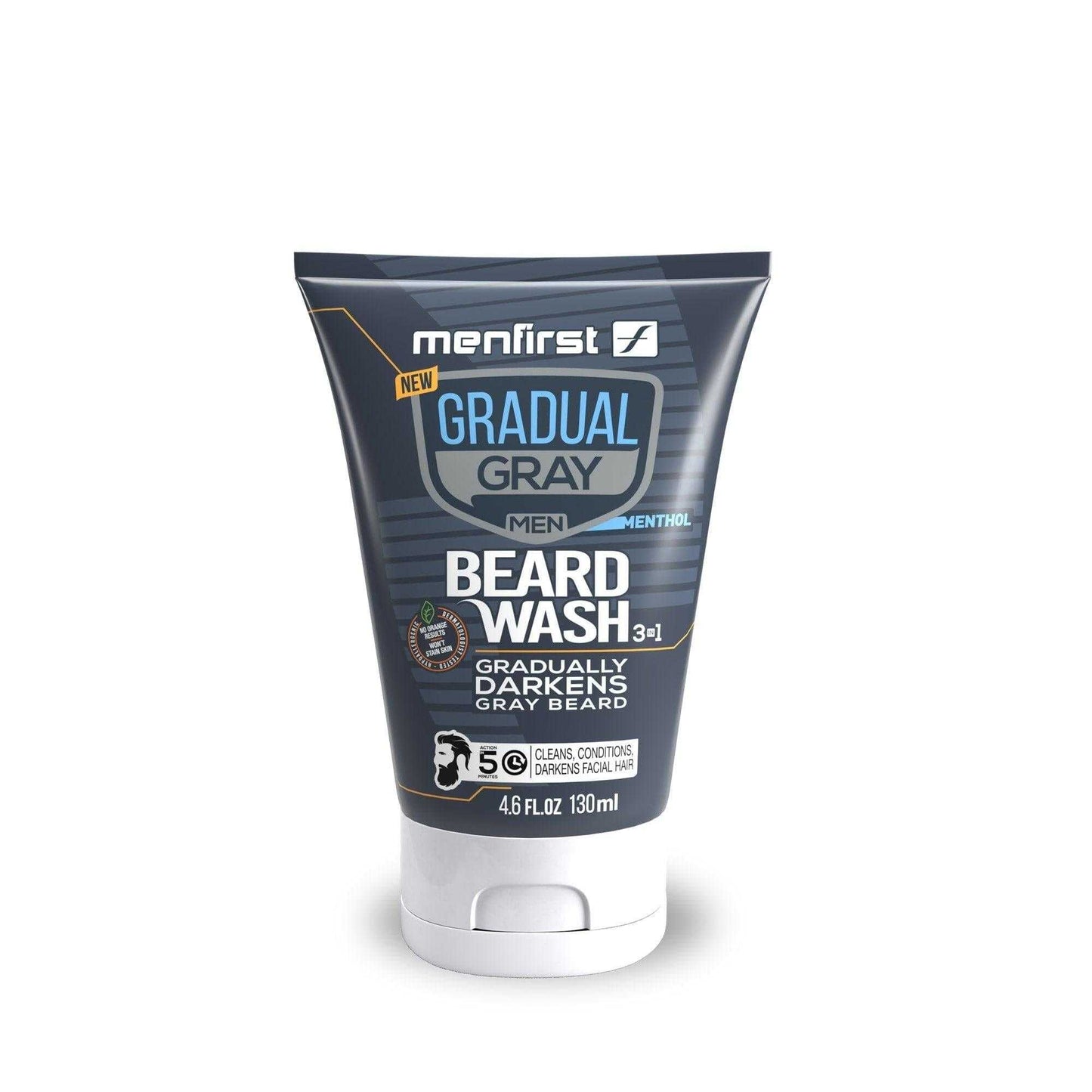 Menfirst Gradual Gray Beard Wash tube, natural darkening formula, 4.6 oz, gradually darkens gray beard safely without chemical oxidation.