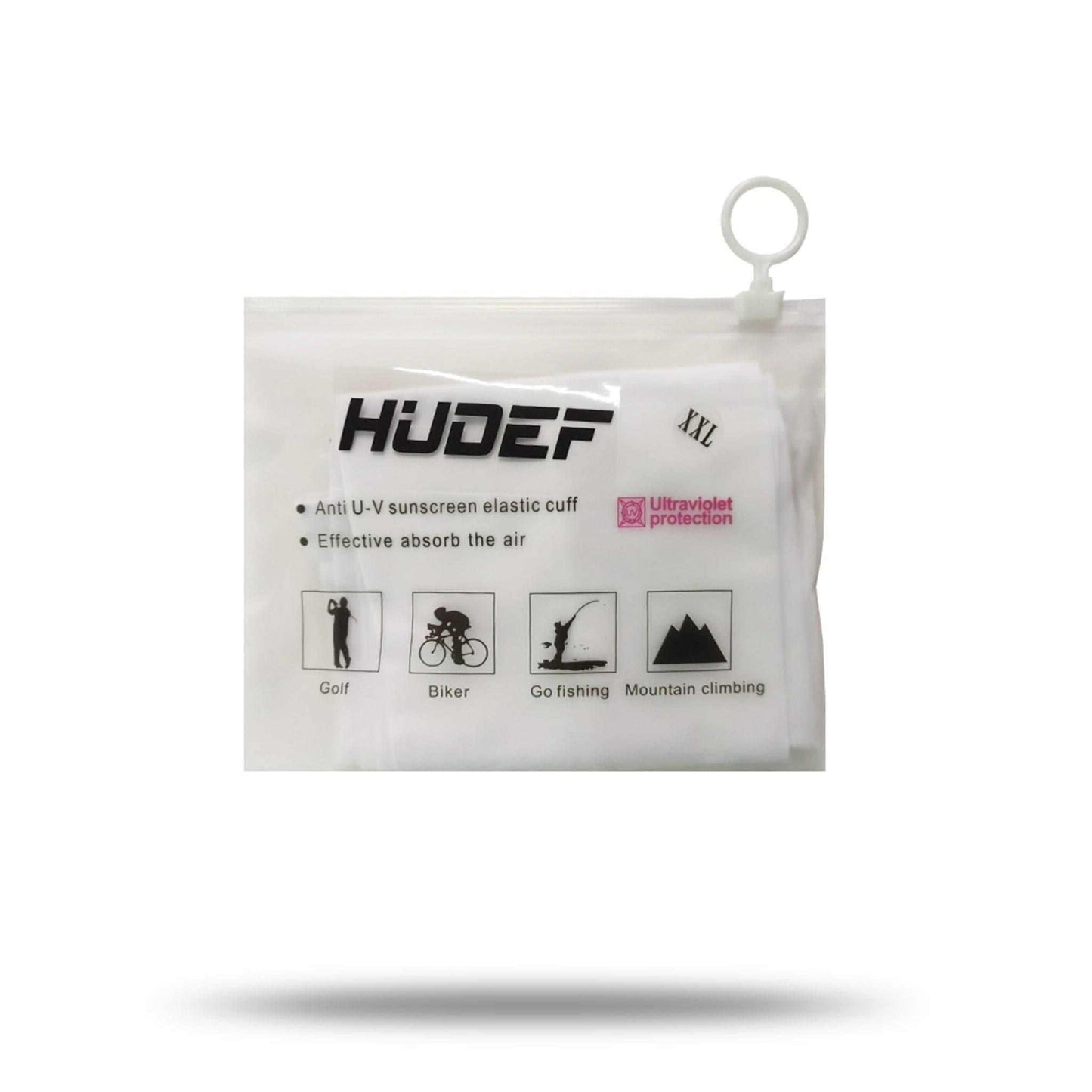 HUDEF Ice Feeling Sleeves packaging showcasing features for outdoor activities like golf, biking, fishing, and mountain climbing.