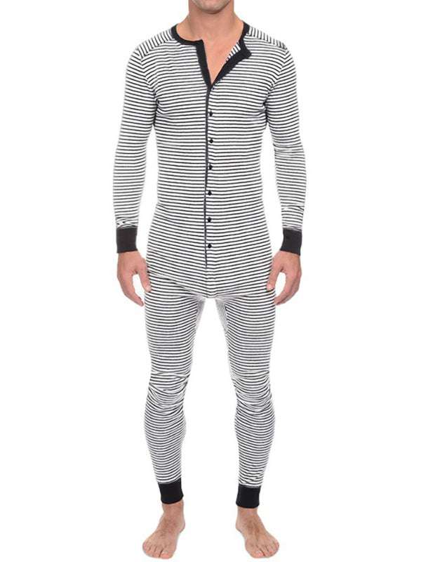 Men's slim striped print one-piece pajama with button closure and long sleeves.