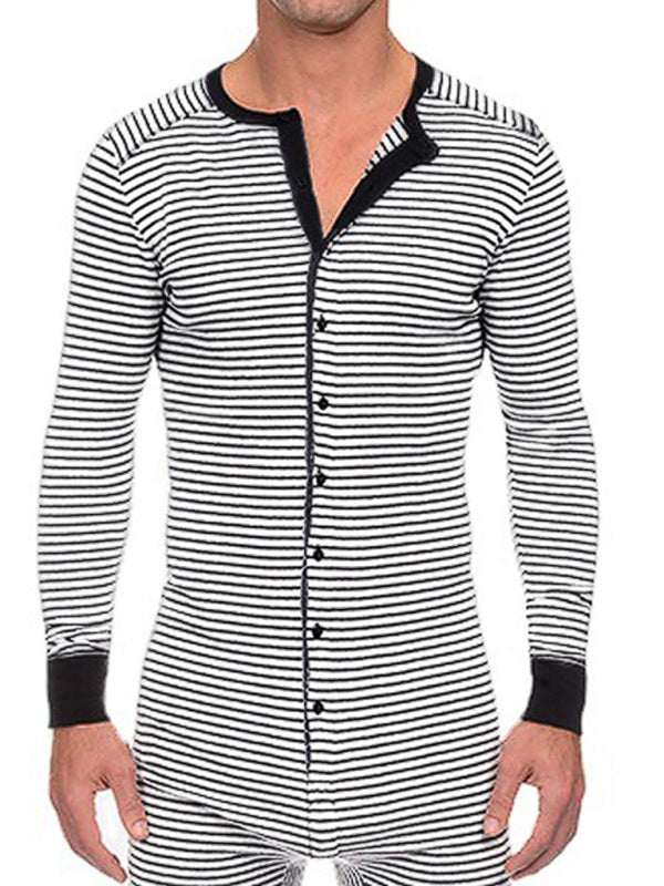 Men's Slim Striped Print Crew Neck Button Long Sleeve Trousers One Piece Pajama - MENLL