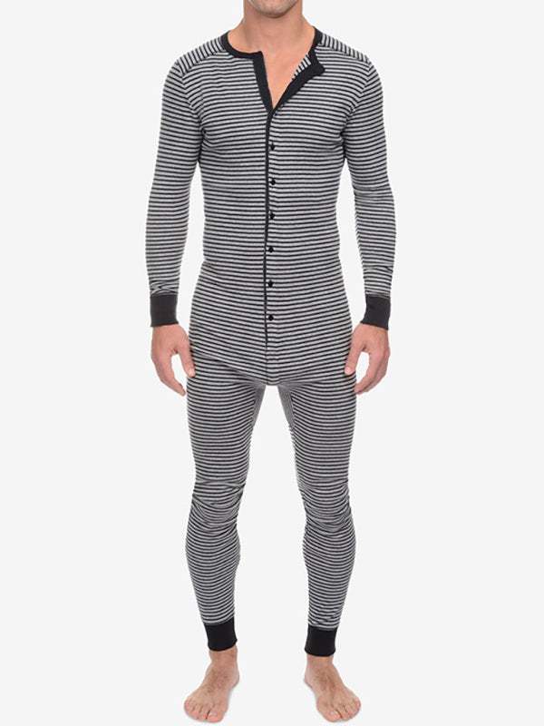 Men's Slim Striped Print Crew Neck Button Long Sleeve Trousers One Piece Pajama - MENLL