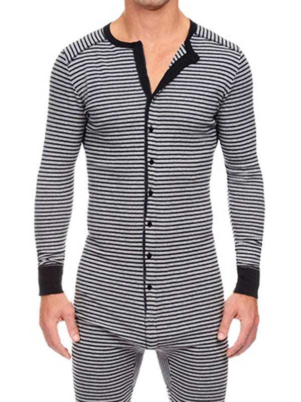 Men's Slim Striped Print Crew Neck Button Long Sleeve Trousers One Piece Pajama - MENLL