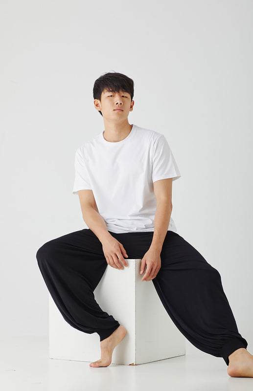 Men's home pants, wide leg, black, comfortable, modal fabric, casual lounge wear.