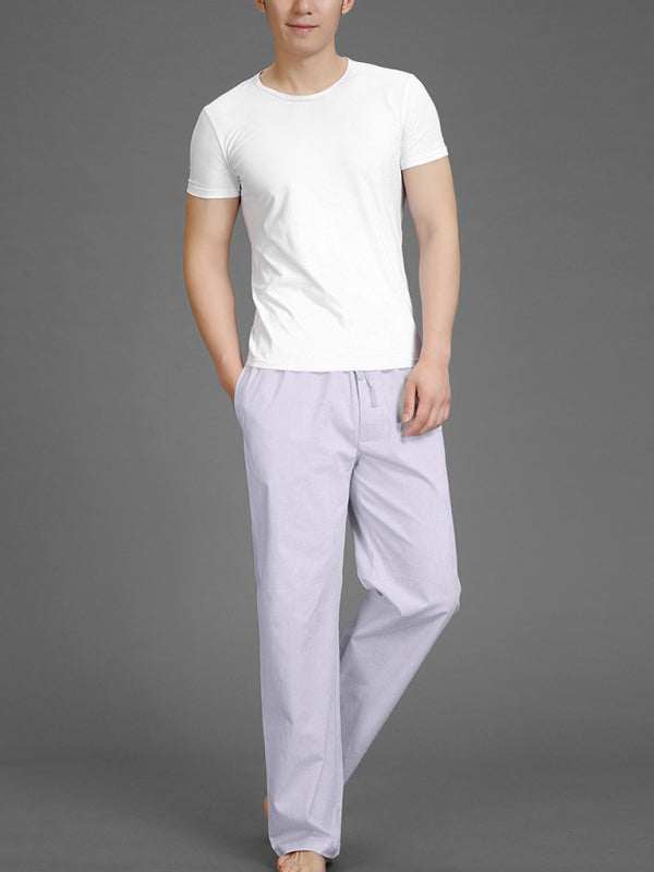 Men's spring summer thin cotton casual pants with a lattice pattern, shown on a model in a white t-shirt.