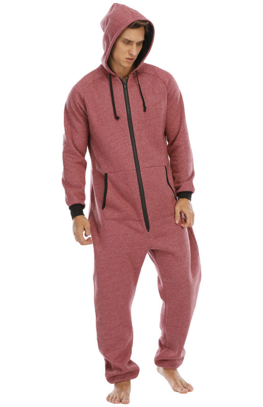 Men's thickened sweater fleece jumpsuit pajamas with hood and front zipper, in solid color, ideal for autumn-winter homewear.