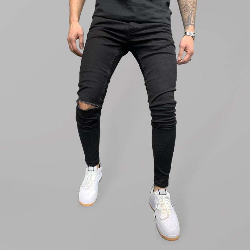Men's classic versatile stretch skinny jeans with ripped knees, black color, casual style, mid-waist design.