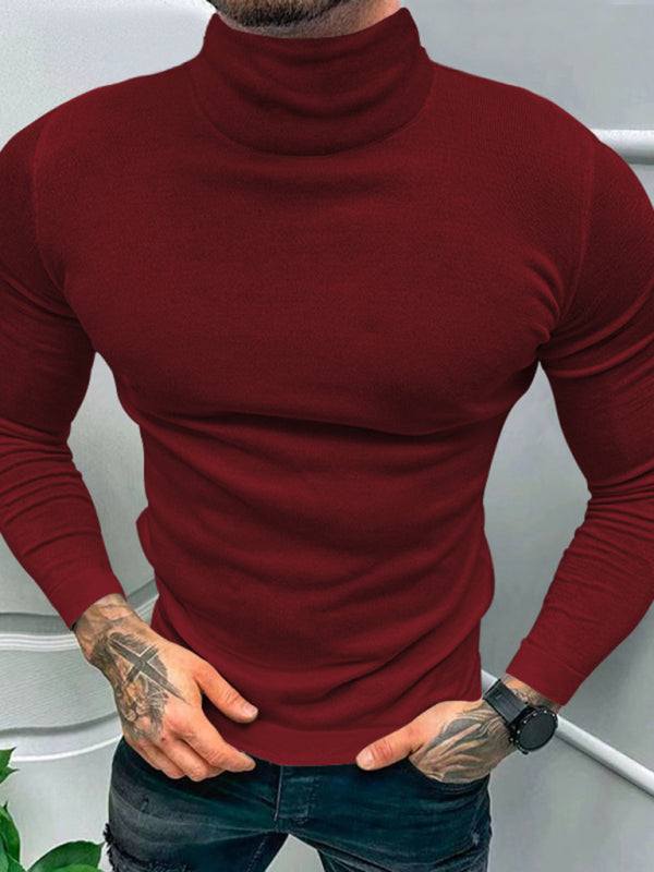 Men's solid color turtleneck long sleeve T-shirt in burgundy, featuring a snug high collar design, slight elasticity, perfect for spring-summer layering.