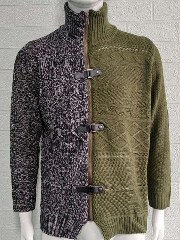 Sophisticated High-Necked Knit Cardigan for Men - Stylish Long-Sleeved Comfort with Chic Buckle Detailing - MENLL