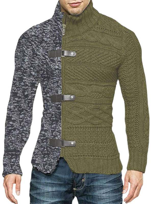 Sophisticated High-Necked Knit Cardigan for Men - Stylish Long-Sleeved Comfort with Chic Buckle Detailing - MENLL