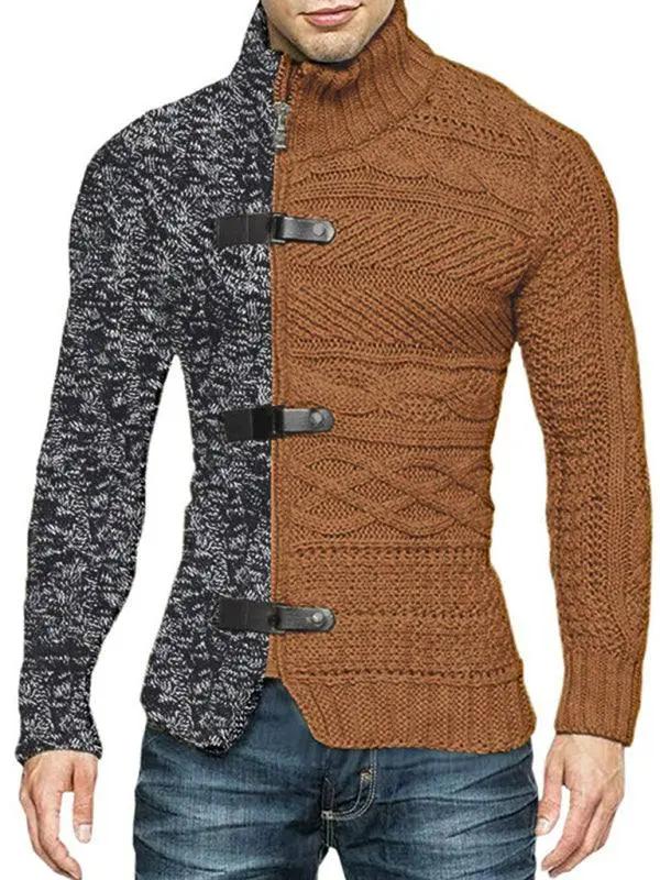 Sophisticated high-necked knit cardigan with chic buckle detailing and long sleeves for men.