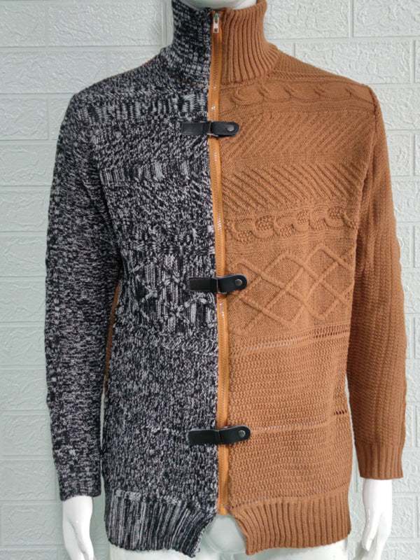 Sophisticated High-Necked Knit Cardigan for Men - Stylish Long-Sleeved Comfort with Chic Buckle Detailing - MENLL