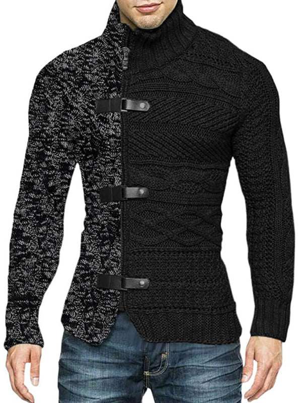 Sophisticated High-Necked Knit Cardigan for Men - Stylish Long-Sleeved Comfort with Chic Buckle Detailing - MENLL