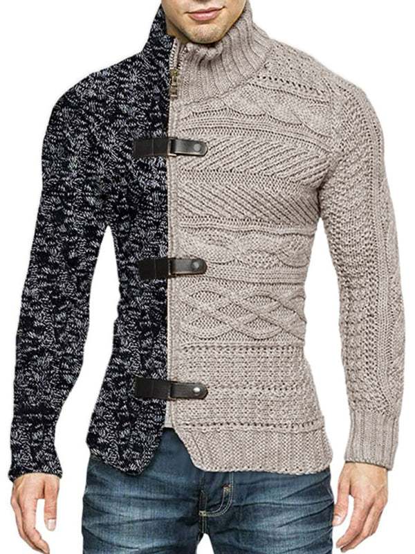 Sophisticated High-Necked Knit Cardigan for Men - Stylish Long-Sleeved Comfort with Chic Buckle Detailing - MENLL