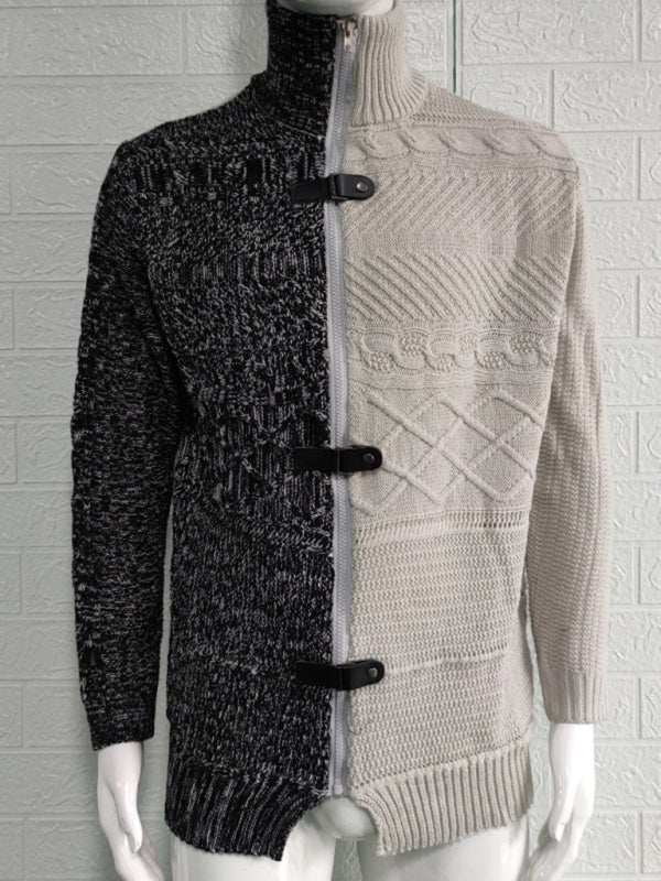 Sophisticated High-Necked Knit Cardigan for Men - Stylish Long-Sleeved Comfort with Chic Buckle Detailing - MENLL