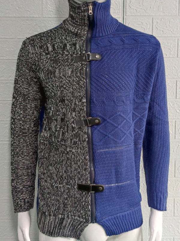 Sophisticated High-Necked Knit Cardigan for Men - Stylish Long-Sleeved Comfort with Chic Buckle Detailing - MENLL