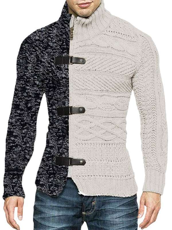 Sophisticated High-Necked Knit Cardigan for Men - Stylish Long-Sleeved Comfort with Chic Buckle Detailing - MENLL