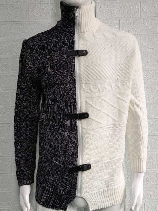 Sophisticated High-Necked Knit Cardigan for Men - Stylish Long-Sleeved Comfort with Chic Buckle Detailing - MENLL