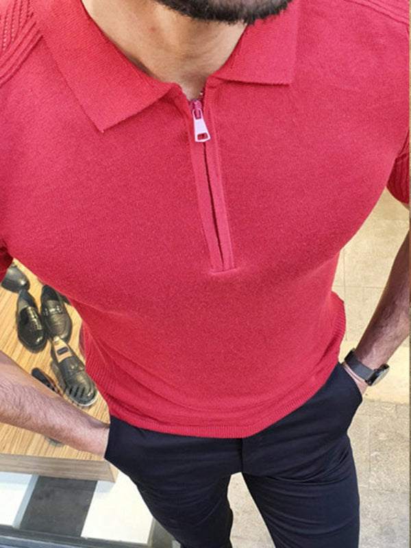 Men's red slim fit polo collar short-sleeve knitted sweater for effortless style.