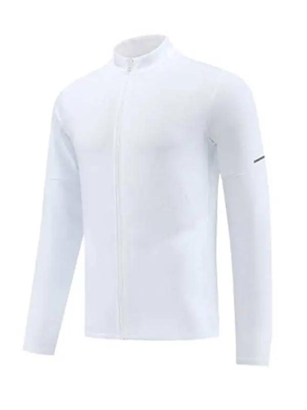 Men's full zip white cardigan; casual fitness running wear; premium polyester spandex; versatile all-season design.